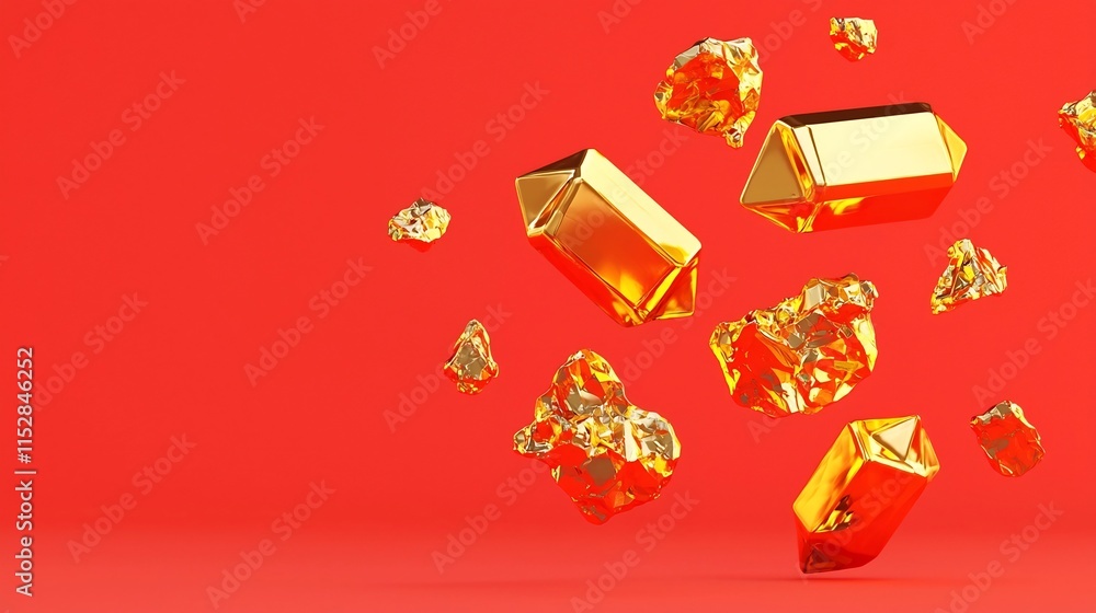 Aufkleber floating gold ingots on vibrant red background 3d digital image of luxurious metallic gold ingots ho