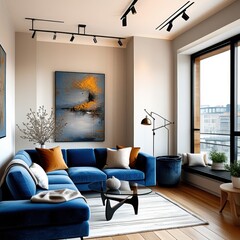 Modern luxury apartment interior, cozy blue velvet sofa, abstract wall art, large windows with city view, hardwood floors, track lighting, minimalist coffee table, rich textures, warm color palette, s
