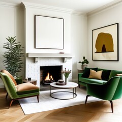 Modern living room, minimalist fireplace, abstract art, green velvet sofa, emerald armchair, potted plants, round coffee table, white walls, wooden floor, cozy interior design, earth tones, geometric 