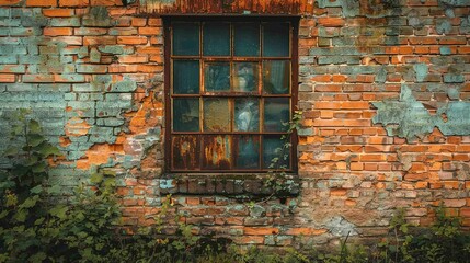 Rusty Window in a Weathered Brick Wall, Overgrown with Vegetation