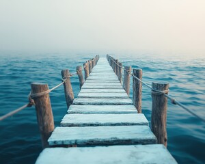 Fototapeta premium Dynamic Business Scaling, Serene Dock Over Water in Minimalist Style, Blur Background