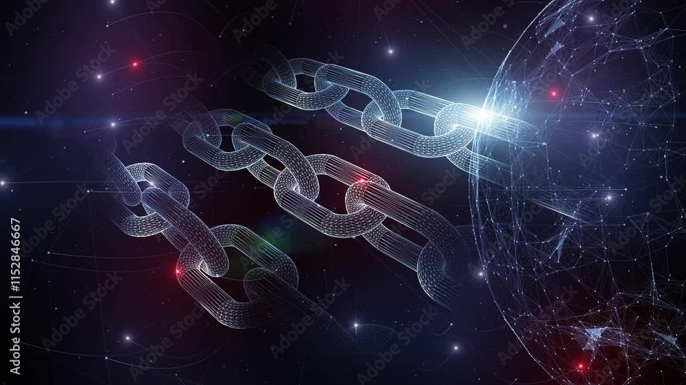 Poster 3d digital technology sphere with glowing chains ai network animation.