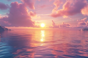 Serene sunset over calm ocean with pink clouds. (2)