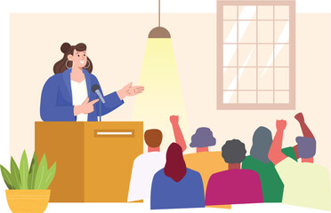 An illustration of a politician delivering a keynote address, standing at a podium with a microphone, speaking confidently to a captivated audience. 