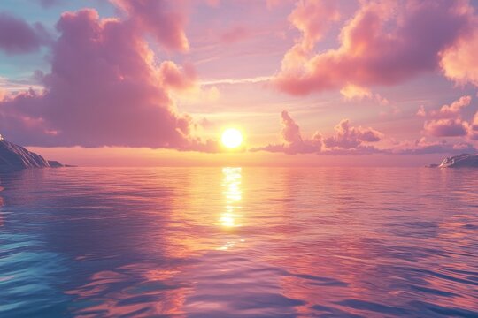Serene sunset over calm ocean with pink clouds. (2) - Powered by Adobe