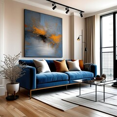 Modern luxury apartment interior, cozy blue velvet sofa, abstract wall art, large windows with city view, hardwood floors, track lighting, minimalist coffee table, rich textures, warm color palette, s