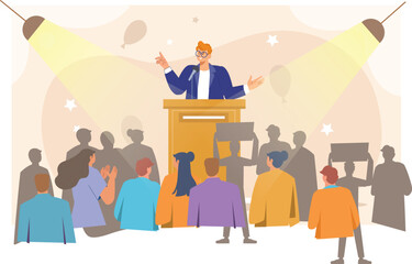 An illustration of a politician delivering a campaign speech, standing at a podium in front of a crowd of enthusiastic supporters. 
