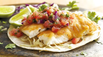 A crispy fish taco with shredded cabbage salsa