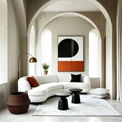 Modern circular living room, white walls, vaulted ceiling, large arched windows, curved white sofa, abstract geometric artwork, orange accents, mid-century modern style, minimalist decor, round coffee