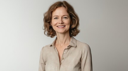 Obraz premium Smiling Middle-Aged Woman with Short Curly Hair Wearing a Beige Blouse Against a Plain White Background