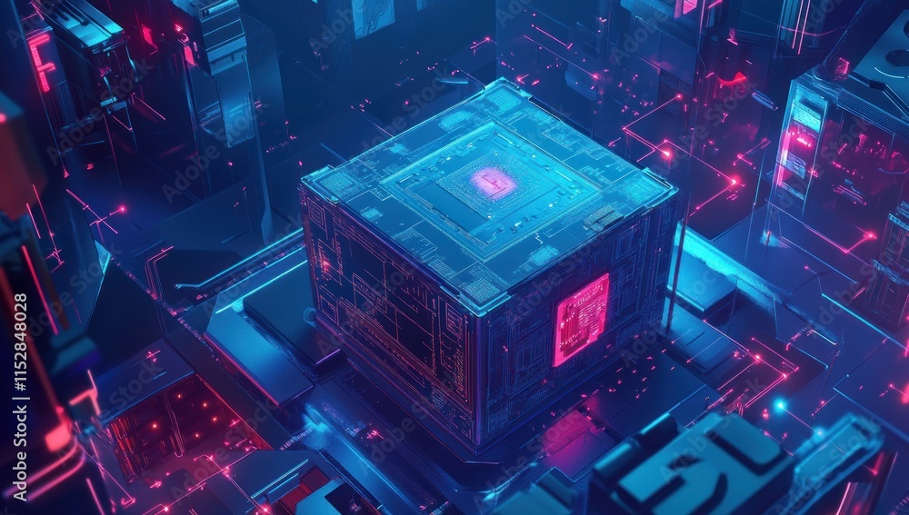 Poster futuristic glowing cube processor in complex digital circuitry.