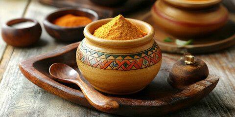 Exotic Spice Blend in Ornate Wooden Jar, Wooden Tray with Spoon, Aromatic Seasoning Powder