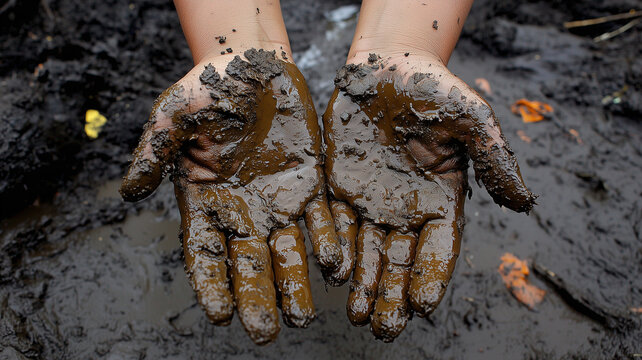 Dirty adj Muddy hands after gardening 

