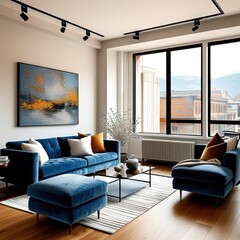 Modern luxury apartment interior, cozy blue velvet sofa, abstract wall art, large windows with city view, hardwood floors, track lighting, minimalist coffee table, rich textures, warm color palette, s