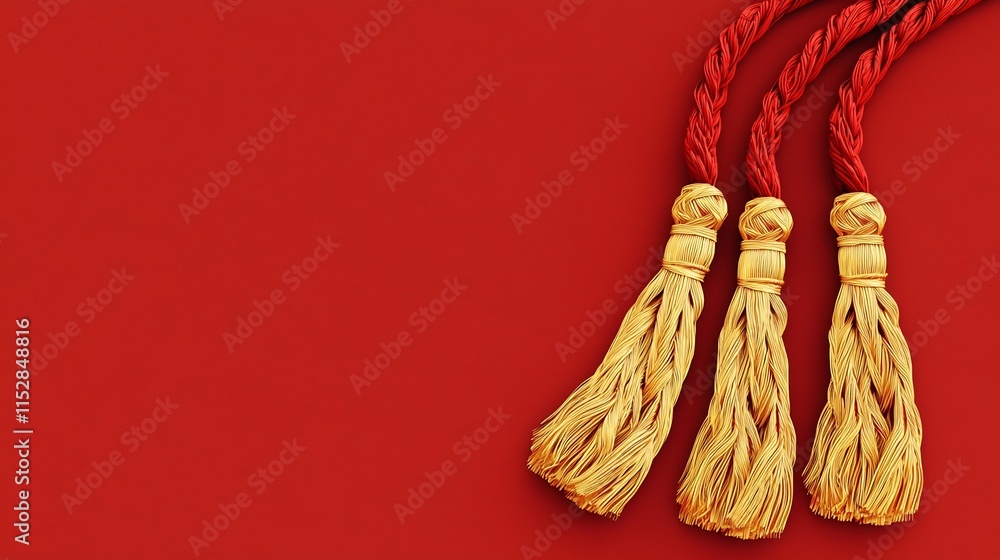 Poster minimalist 3d featuring a clean modern layout with red tassels and gold ribbons providing an editabl