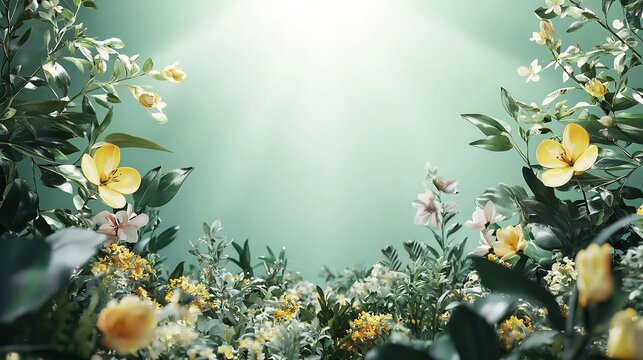 Stunning 3D showcasing a vibrant and colorful spring festival floral design with a radiant open background and a space for text overlay