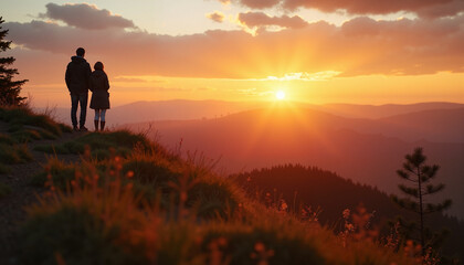 Young couple walking together at sunset on a mountain top with a stunning view, the concept of love and romance
