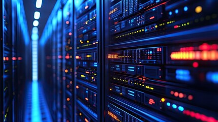 A corridor in a modern data center, lined with sleek server racks on either side.