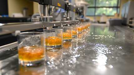 Laboratory setup with glasses of liquid on water table analysis station, showcasing scientific experimentation and precision