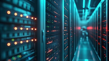 A corridor in a modern data center, lined with sleek server racks on either side.