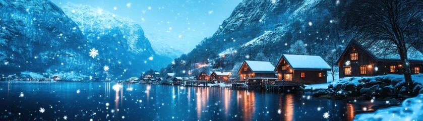 Fototapeta premium Serene snowy village with glistening reflections.
