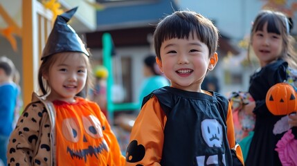 Korean Halloween kids a party with recent costumes and a writing space center