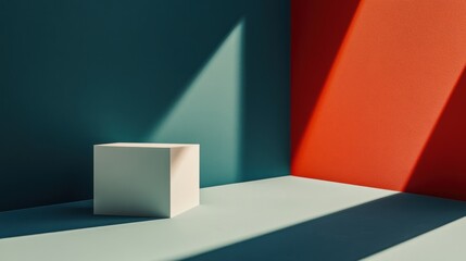 Fototapeta premium A minimalist scene featuring a white cube in a colorful, shadowed environment.