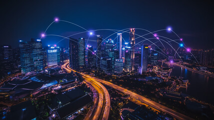 Fototapeta premium Smart digital city with connection cyber security network reciprocity over the cityscape . future smart wireless digital city and social media networking systems that connects people within the city