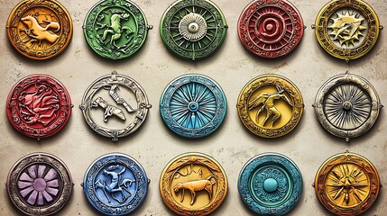 A collection of colorful round symbols with one of them reading "Aries"