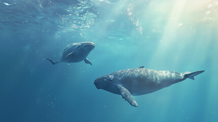 Naklejka premium Ocean Giants: Majestic Humpback Whales Grace the Deep Blue. Sunlight streams through the water, illuminating two magnificent humpback whales as they swim in the ocean's embrace.
