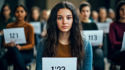 Girl applicant sit on chair with unknown diverse competitors people hiding face behind paper sheets with question mark, successful Indian qualified specialist passed job interview successfully concept