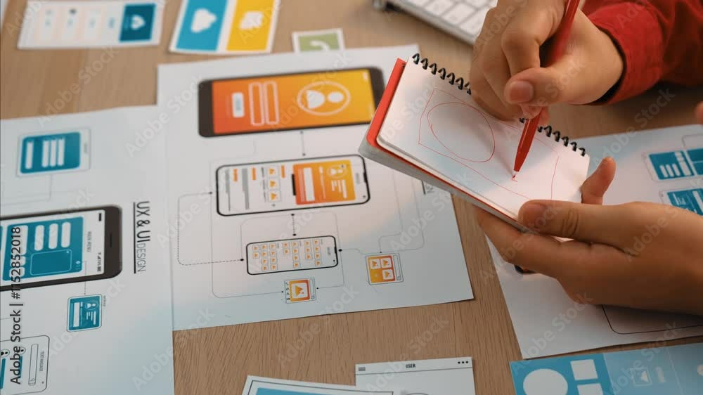 Poster panorama video of startup company employee planning on user interface prototype for mobile applicati