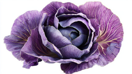 Obraz premium A crisp and vibrant violet cabbage with intricate textures, the leaves swirling with hints of metallic gold accents, perfectly isolated on a clean white background. Hyper-detailed realism, no shadows,