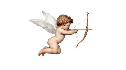 Retro Cupid Child Boy Flying with Bow, Shooting Arrow - Isolated on White Background