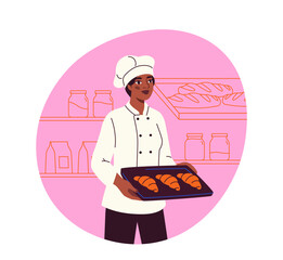 Scene of cooking. Woman in chefs hat with tray of croissants. Homemade pastry or bakery. Dessert and delicacy. Culinary and food preparation. Flat vector illustration