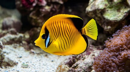 Fototapeta premium Vibrant Yellow Fish Swimming Gracefully Through a Colorful Coral Reef in an Underwater Scene Full of Life and Natural Beauty, Showcasing Marine Diversity, Texture, and Color