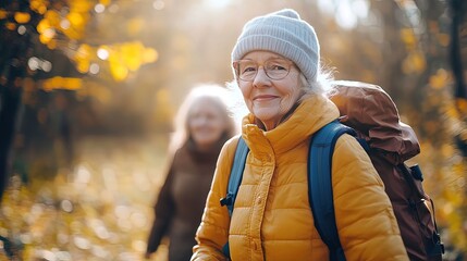 Smiling senior woman hiking in autumn woods with friend.