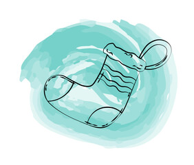 Christmas doodle sketch. Hand draw socks in green round. Xmas and New Year, winter holidays. Graphic element for website. Linear vector illustration