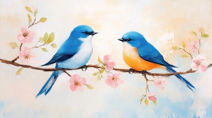 Blue Birds on Spring Branch - Acrylic Painting with Textured Canvas Background for Mobile Devices