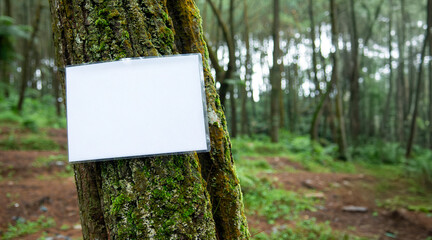 blank white paper attached to a tree trunk to be filled with writing or signs