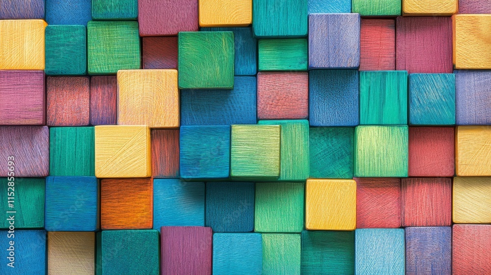 Poster a meticulous block-building scene with colorful wooden blocks, vibrant blocks forming intricate patt