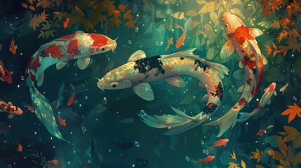 Koi Fish Swimming in a Lush Pond