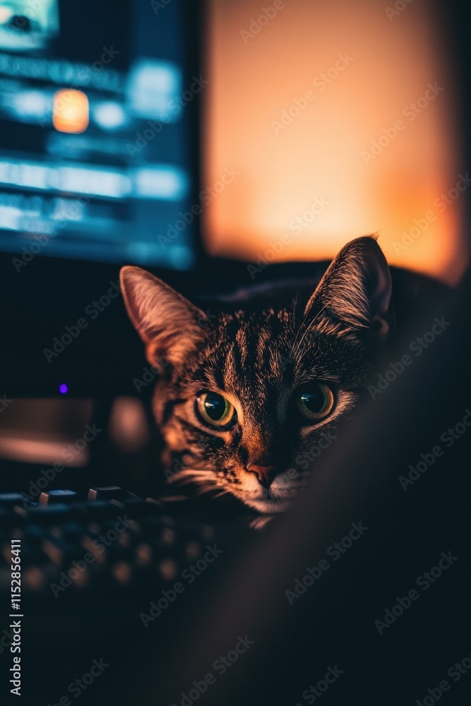 Poster a tabby cat looking intently at a computer screen. ai.