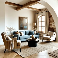 Fototapeta premium Cozy living room, vaulted ceiling with wooden beams, exposed brick wall, arched windows, blue velvet sofa, curved cream armchairs, minimalist coffee table, neutral color palette, natural light, textur