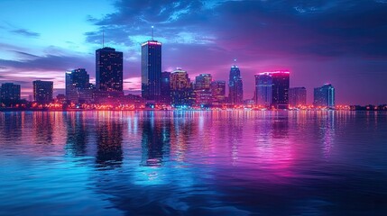 A glowing city skyline at night with neon lights reflecting on the water. 