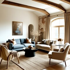 Cozy living room, vaulted ceiling with wooden beams, exposed brick wall, arched windows, blue velvet sofa, curved cream armchairs, minimalist coffee table, neutral color palette, natural light, textur