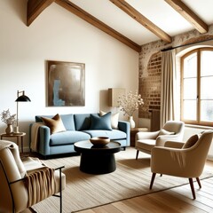 Cozy living room, vaulted ceiling with wooden beams, exposed brick wall, arched windows, blue velvet sofa, curved cream armchairs, minimalist coffee table, neutral color palette, natural light, textur
