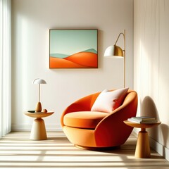 Minimalist interior design, retro orange egg chair, mid-century modern aesthetics, abstract wall art, warm sunlight, wooden side table, white textured walls, sleek floor lamp, pastel color palette, cl