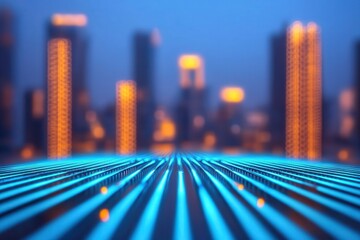 Fiber optic networks transmit data via lasers. Futuristic cityscape with glowing blue lines and illuminated buildings.