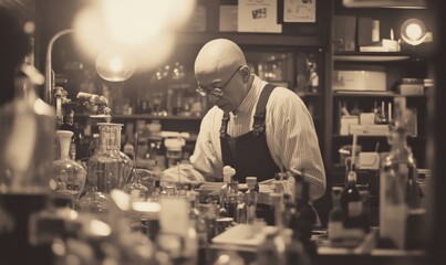A person carefully works amidst glassware and bottles. AI.